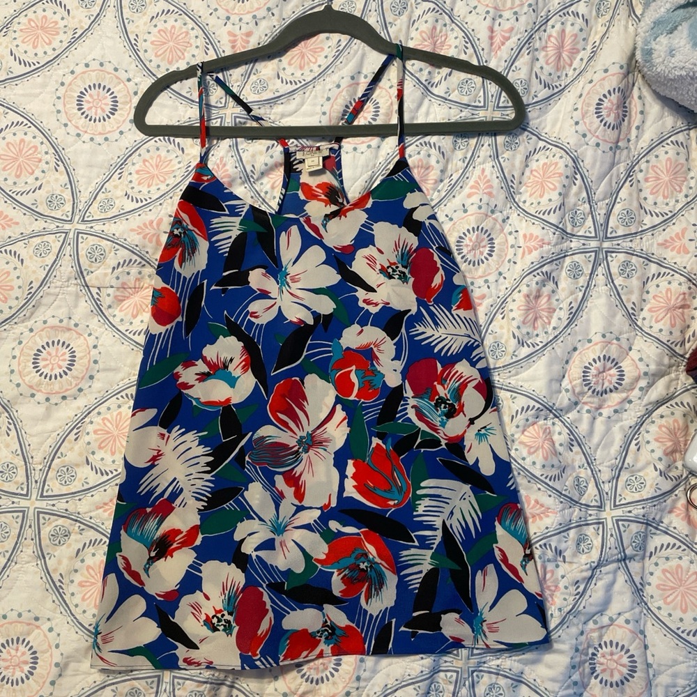 J. Crew Blue Floral Tank Top with Red, White and Green